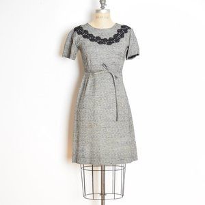 vintage 60s dress jacket set gray black crochet trim outfit XS clothing